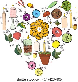 heart made of christmas decorative elements. Traditional festive symbols, vintage style. Red and green,vintage style. For your design, announcements, greeting cards, posters, advertisement.