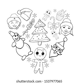 Heart made of christmas elements. Christmas set vector that consists of cupcake, Santa hat and caramel cane with bow and snowflakes with mistletoe and gingerbread with Christmas tree. 