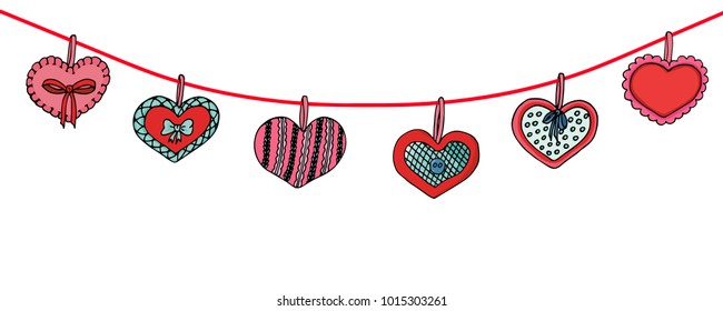 Heart made of cloth on a string, on a rope. Background for a card for Valentine's Day, invitations to a wedding. Hand drawing. Vector illustration in a cartoon style.