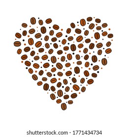 Heart made from coffee beans. Hand-drawn grains. Vector illustration for menu, cafe, restaurant.