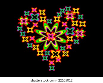Heart made of color flowers isolated on black background