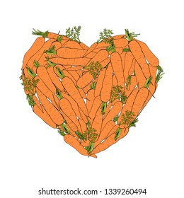 Heart made of colored carrots. Carrots isolated on white background for your design. Healthy food and diet. Vector.