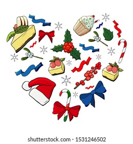 Heart made of colored christmas elements. Christmas set vector that consists of desserts, Santa hat and bow with caramel cane and snowflakes with mistletoe. 