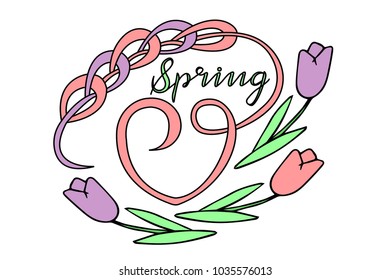Heart made of colored thread. The Inscription "Spring". Hand drawn vector illustration .