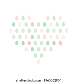 Heart made of colorful Easter eggs. White background. Decorative holiday card. Cute Vector illustration. Flat design