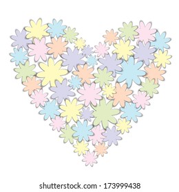 heart made of colorful paper flowers isolated on white background