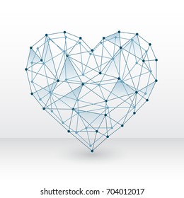 Heart made with connected dots on white background, Future technology concept of love, triangles light background