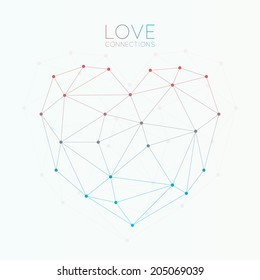 Heart made with connected dots,  triangles light background