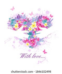 Heart made of different beautiful flowers in hands. With love. Happy Valentine's Day. Vector illustration