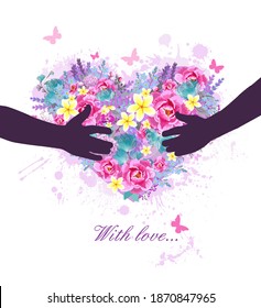 Heart made of different beautiful flowers in hands. With love. Happy Valentine's Day. Vector illustration