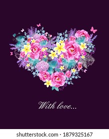 El corazón está hecho de diferentes flores hermosas. Con amor. Feliz Día de San Valentín. Ilustración del vector