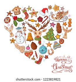 Heart made of different christmas decorative elements. Pretty card. Calligraphy phrase Merry Christmas. Traditional festive symbols. Isolated on white background. Vector color illustration.