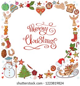 Heart made of different christmas decorative elements. Pretty card. Calligraphy phrase Merry Christmas. Traditional festive symbols. Isolated on white background. Vector color illustration.