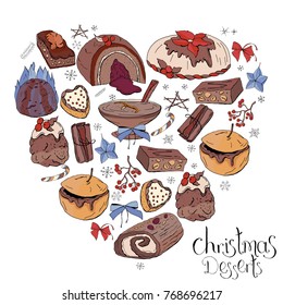 Heart made of different christmas winter desserts, sweets and food. Design template for restaurant and cafe menu.