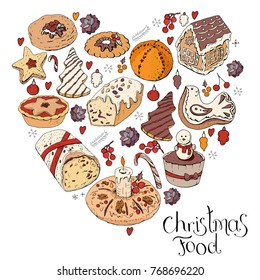 Heart made of different christmas winter desserts, sweets and food. Design template for restaurant and cafe menu.