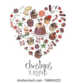 Herz aus verschiedenen Winterdesserts, Süßigkeiten und Speisen. Design-Vorlage für Restaurant- und Café-Menü.