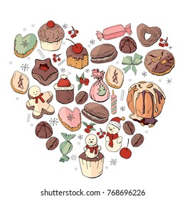 Corazón hecho de diferentes navidades postres de invierno, dulces y comida. Plantilla de diseño para el menú de restaurante y café.