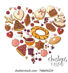 Corazón hecho de diferentes navidades postres de invierno, dulces y comida. Plantilla de diseño para el menú de restaurante y café.