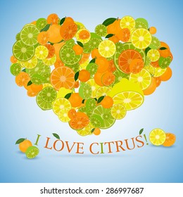 Heart made of different citrus with the text below