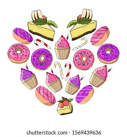 Heart made of different desserts. Set of handrawn donuts and cheesecakes with tasty cupcakes and caramel cane vector