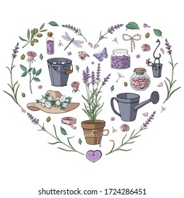 Heart made of different elements related to Provence. Template for greeting cards. Isolated objects on white background. Lavender and decorative elements and tools for garden. Provence style, France.