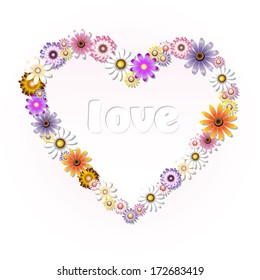 heart made of different flowers on a white background