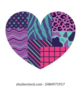 Heart made of different patterns in bright neon colors. Heart made of patches with various ornament leopard and zebra print, dots, wavy lines. Vector illustration