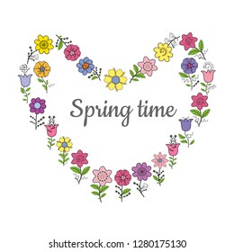 Heart made of different spring flowers. Individual elements isolated on a white background. Vector hand drawing illustration.