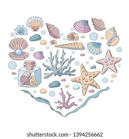 Heart made of different starfish, glass jar with various shells and seaweed. Template for greeting cards. Isolated objects on white background. Pink, blue and yellow color. Sea theme.