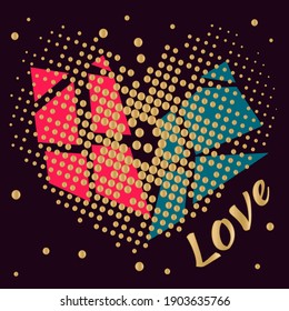Corazón hecho de puntos. Dos mitades de corazón roto. Impresión romántica en colores brillantes sobre fondo oscuro. Dibujo de vectores para postales, diseño de camisetas para el Día de San Valentín.