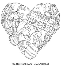 Heart made of Easter eggs and tulips.Coloring book antistress for children and adults. Illustration isolated on white background. Hand draw