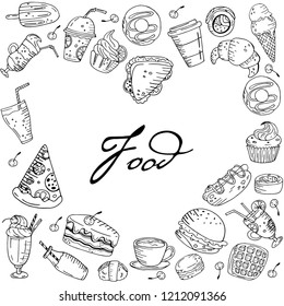 Heart made of elements. Hand drawn food and drinks. Black and white sketch