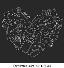 Heart made of elements with hand drawn kitchenware on a chalkboard background. Vector icons in black and white sketch style. Hand drawn isolated objects