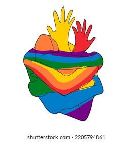 A heart made of embracing hands. Painted in the LGBT flag, the color of the rainbow