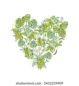 Corazón hecho de plantas exóticas. Selva tropical, bosque virgen. Floricultura casera, plantas caseras, hobby. Concepto de amantes de la naturaleza. Ficus, Syngonium, Monstera, Spathiphyllum. Ilustraciones de esquema.