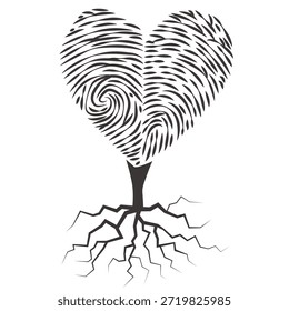 Un corazón hecho de una huella dactilar en forma de árbol con raíces. Un símbolo de amor, identidad y emociones profundas. EPS 10.