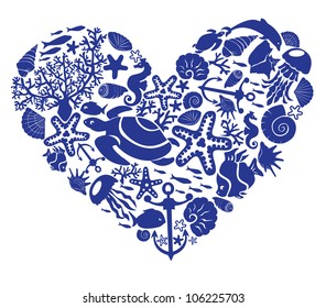 Heart is made of fishes, corals, shells, starfishes, dolphins, seahorses, tortillas.