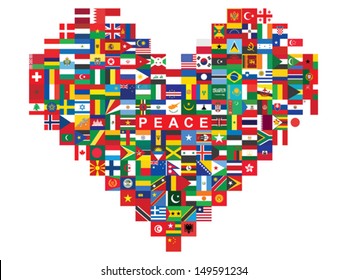 heart made of flags icons with word peace
