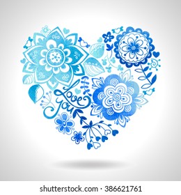 Heart made of floral decorative elements. Watercolor texture