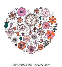 Heart made of floral elements in doodle style. Multicolored vector flowers for cards, wedding invitations