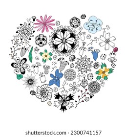 Corazón hecho de elementos florales en estilo doodle. Flores vectoriales multicolores y negras y blancas para tarjetas, invitaciones a bodas