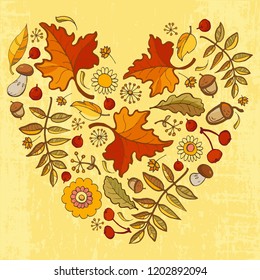 Heart made of floral fall elements. Template for autumn design