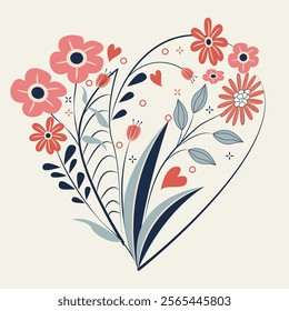 A heart made of flowers and leaves. The flowers are pink and the leaves are blue. The heart is surrounded by a blue border