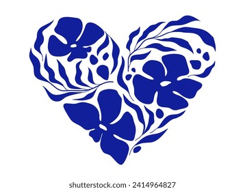 Corazón de flores y hojas, ilustración vectorial aislada en fondo blanco