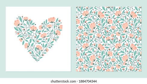 Corazón hecho de flores y patrón inquebrantable. Plantilla vectorial para postal o impresión en tela para el día de San Valentín.