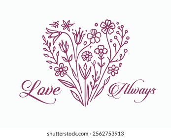 Heart made with flowers. Text of love. Linear illustration