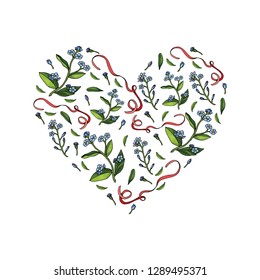 Heart made of forget-me-nots and ribbons. Template with festive romantic elements for your season design
