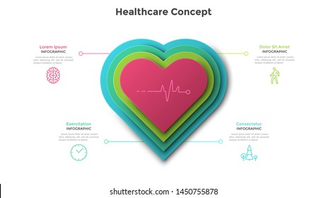 Heart made of four paper elements placed one on another. Concept of 4 features of healthcare program, medical care project. Creative infographic design template. Vector illustration for presentation.