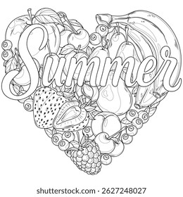 Heart made of fruit and the inscription Summer.Coloring book antistress for children and adults. Illustration isolated on white background.Zen-tangle style. Hand draw