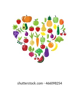 Heart made from fruit and vegetable icons. Isolated on white background. Flat style vector illustration.